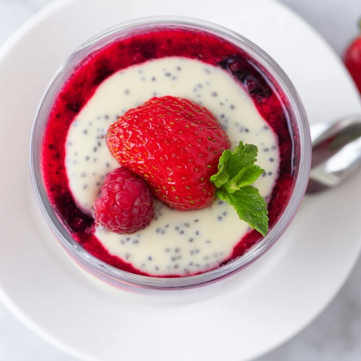 Elegant clear bowl of chilled vanilla mousse berry jello garnished with whole strawberries and fresh mint sprigs