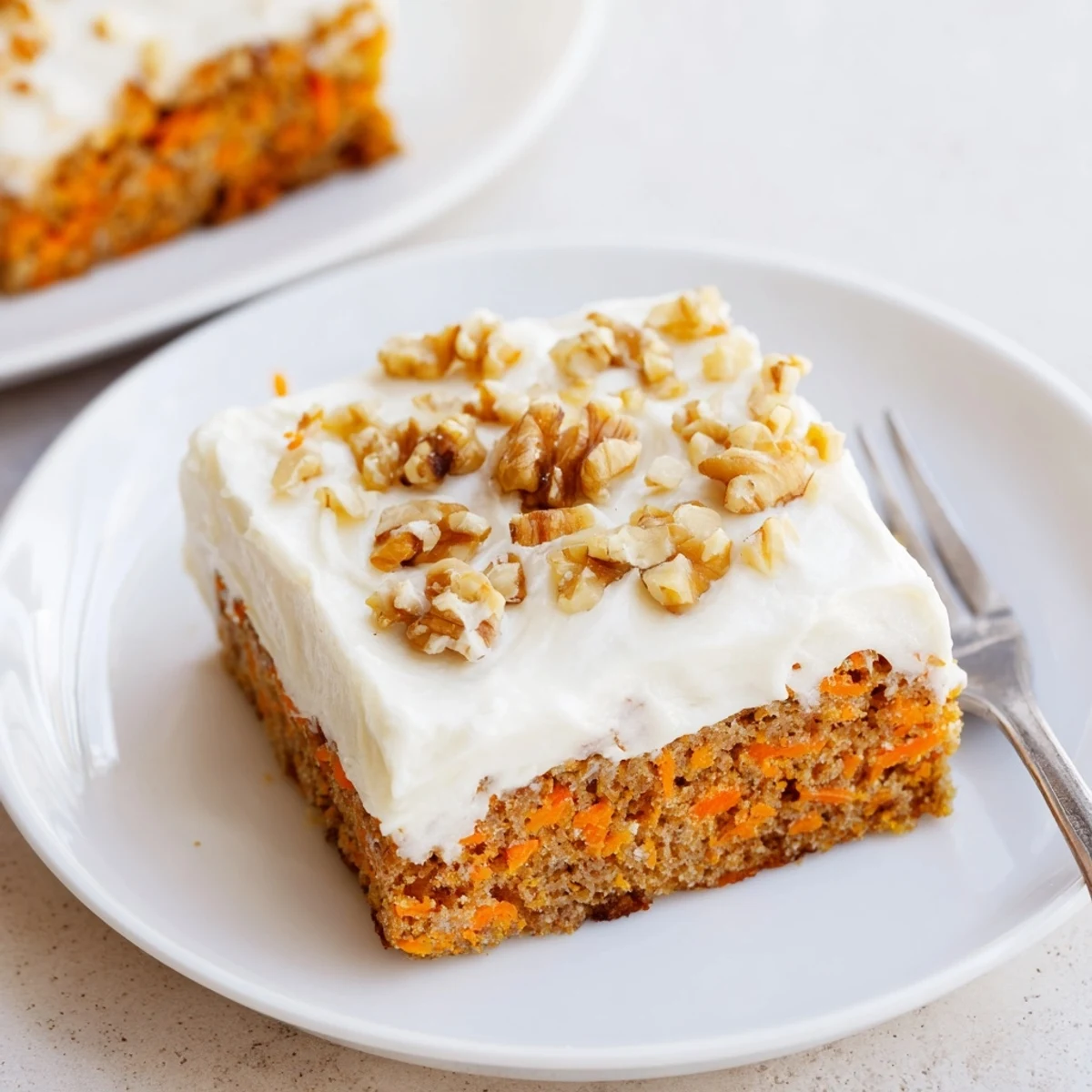 Golden carrot cake bars topped with thick cream cheese frosting and sprinkled with chopped walnuts