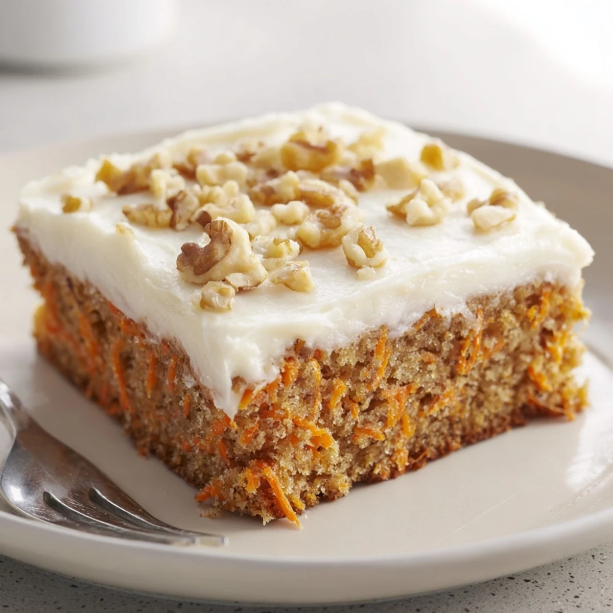 Batch of moist spiced carrot cake bars with fluffy white frosting arranged on a serving platter