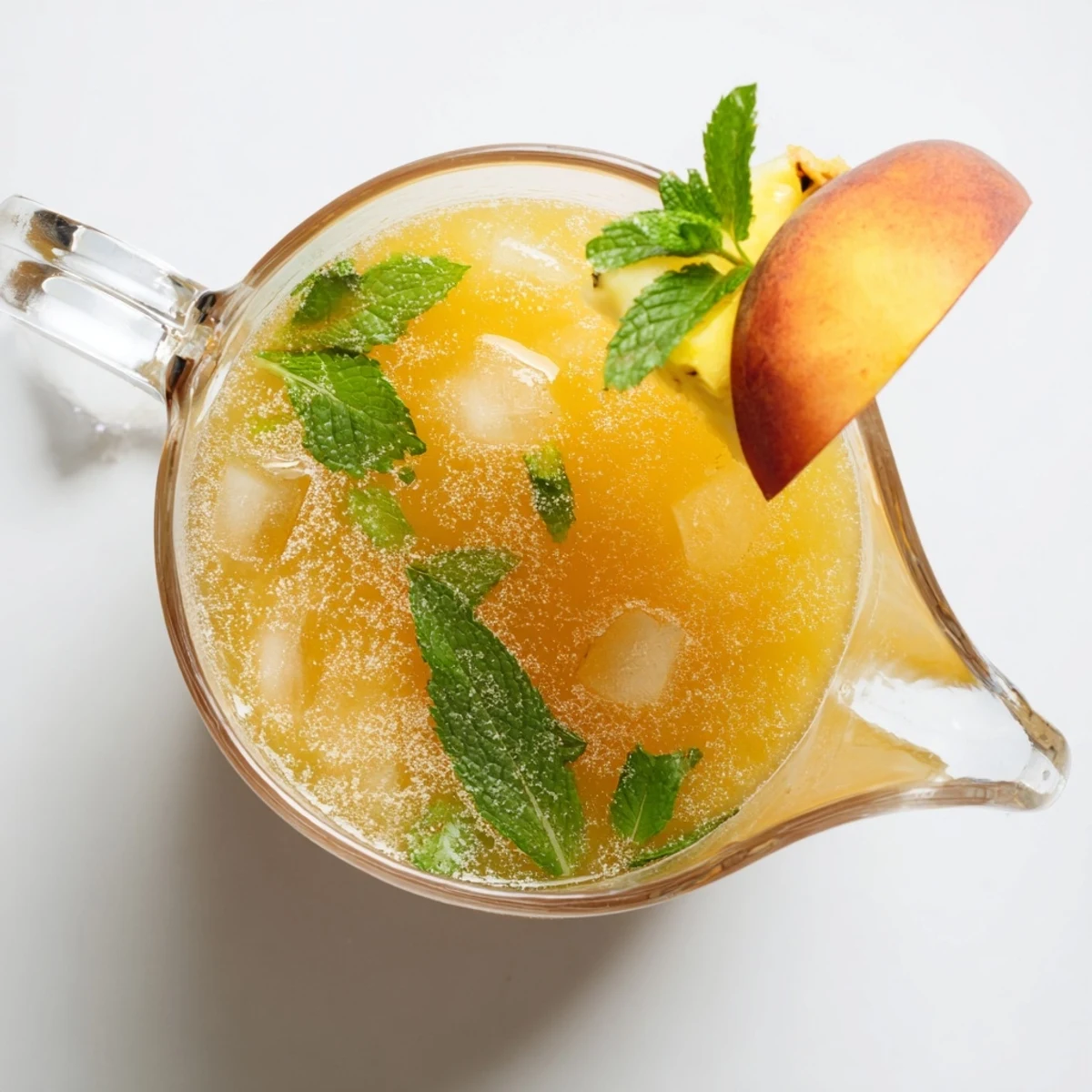 Golden Pineapple Peach Agua Fresca served in a clear glass pitcher with fresh mint garnish