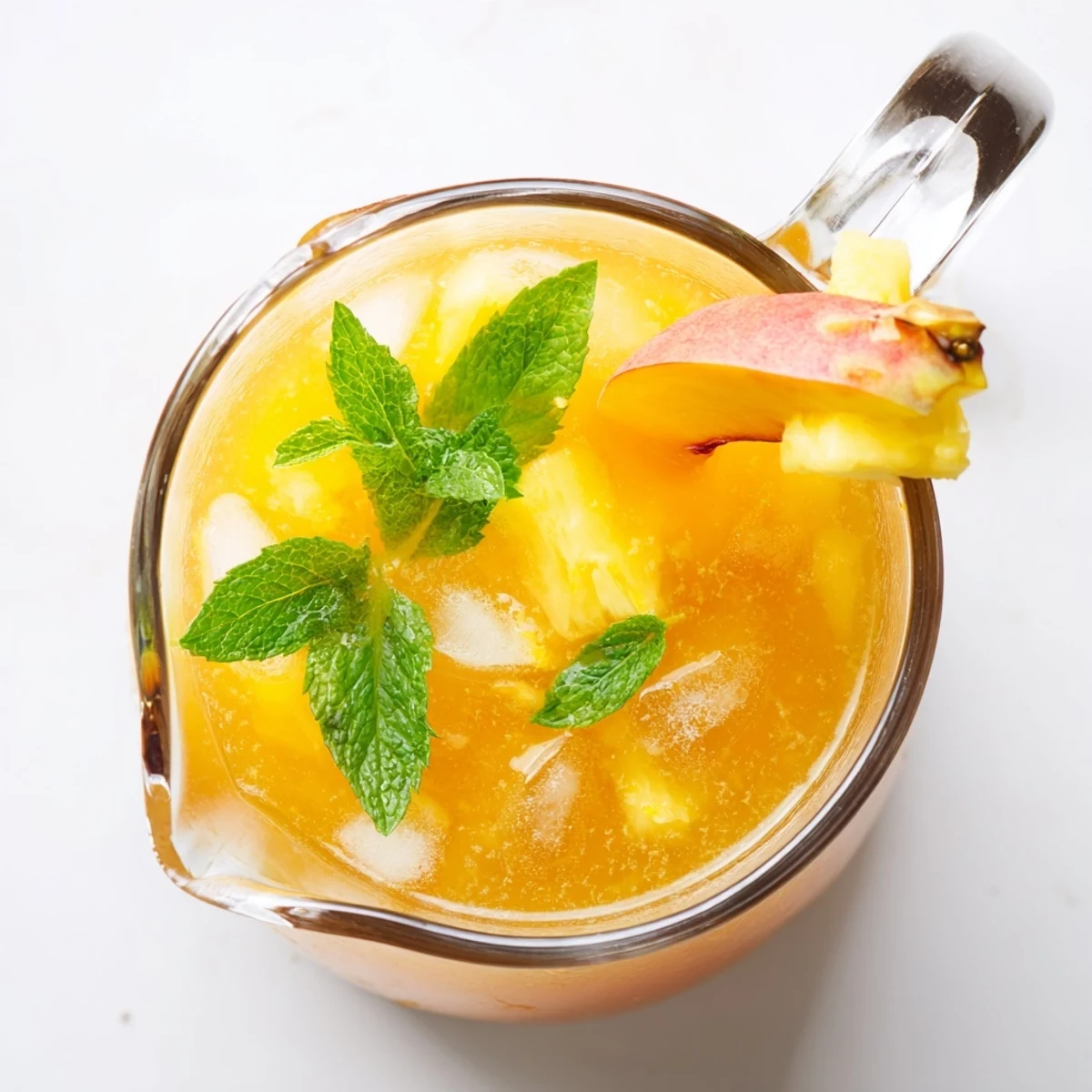 Refreshing pineapple peach agua fresca poured over ice cubes with floating fruit slices