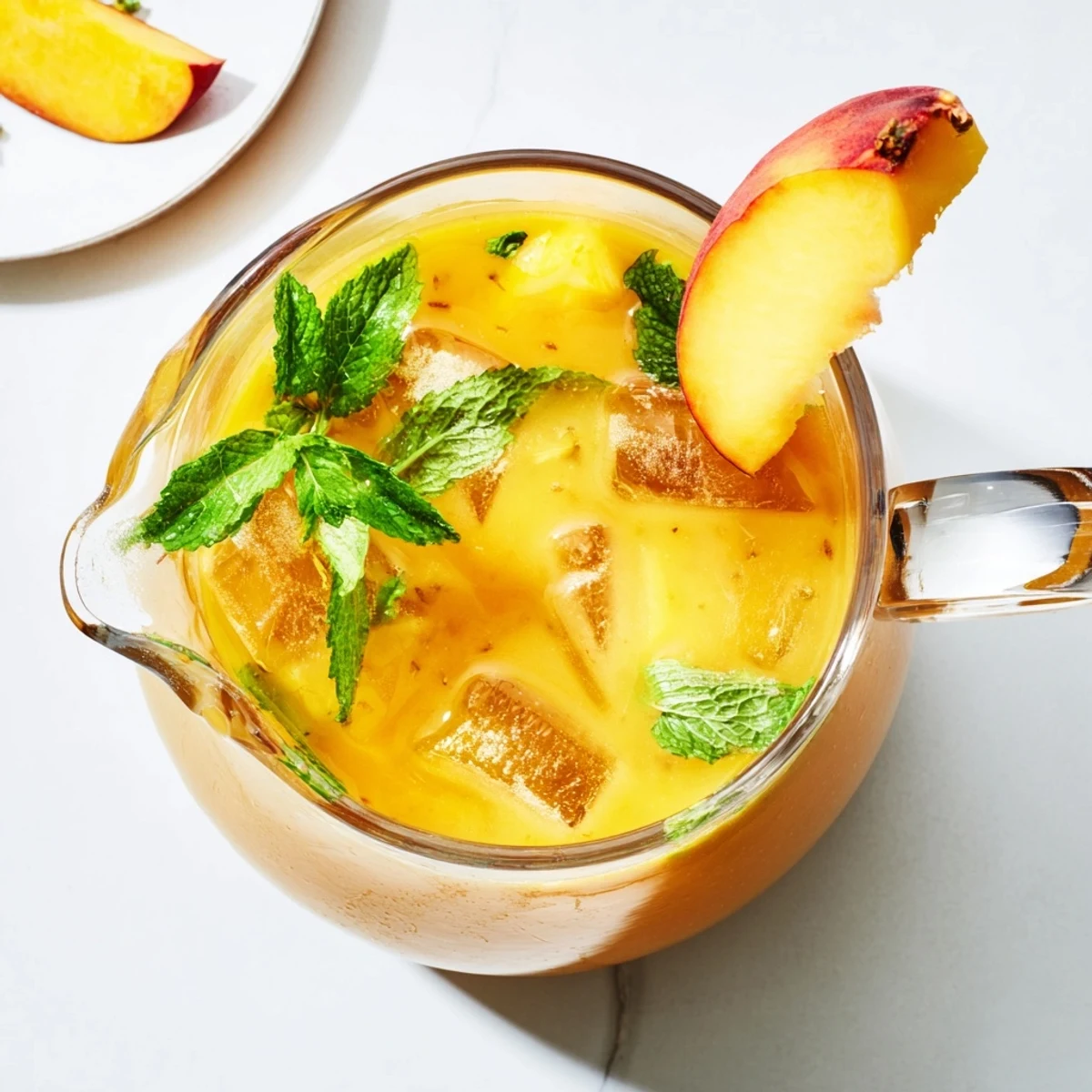 Vibrant orange-yellow pineapple peach agua fresca blended smooth and chilled in a mason jar