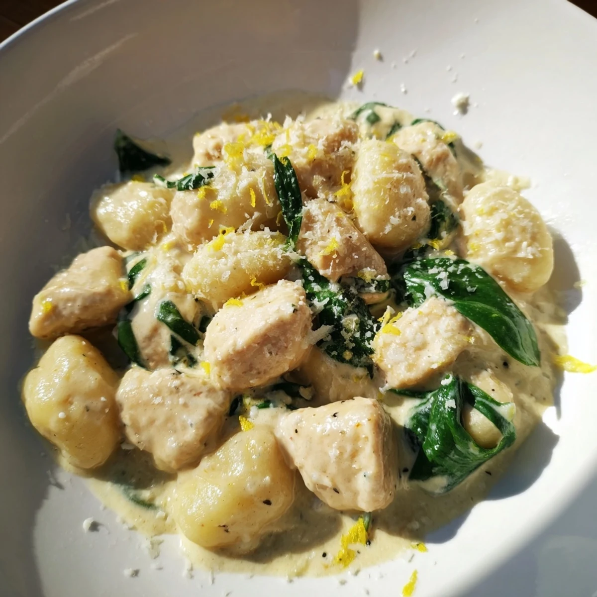 Golden chicken pieces and soft gnocchi swimming in a rich lemon cream sauce with wilted spinach