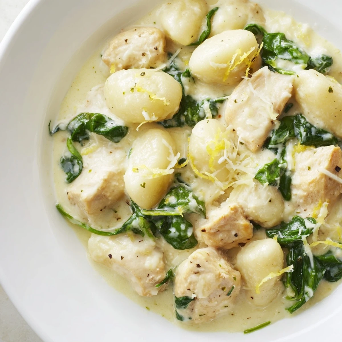 Creamy lemon chicken gnocchi plated with parmesan shreds and fresh parsley garnish on a white dish