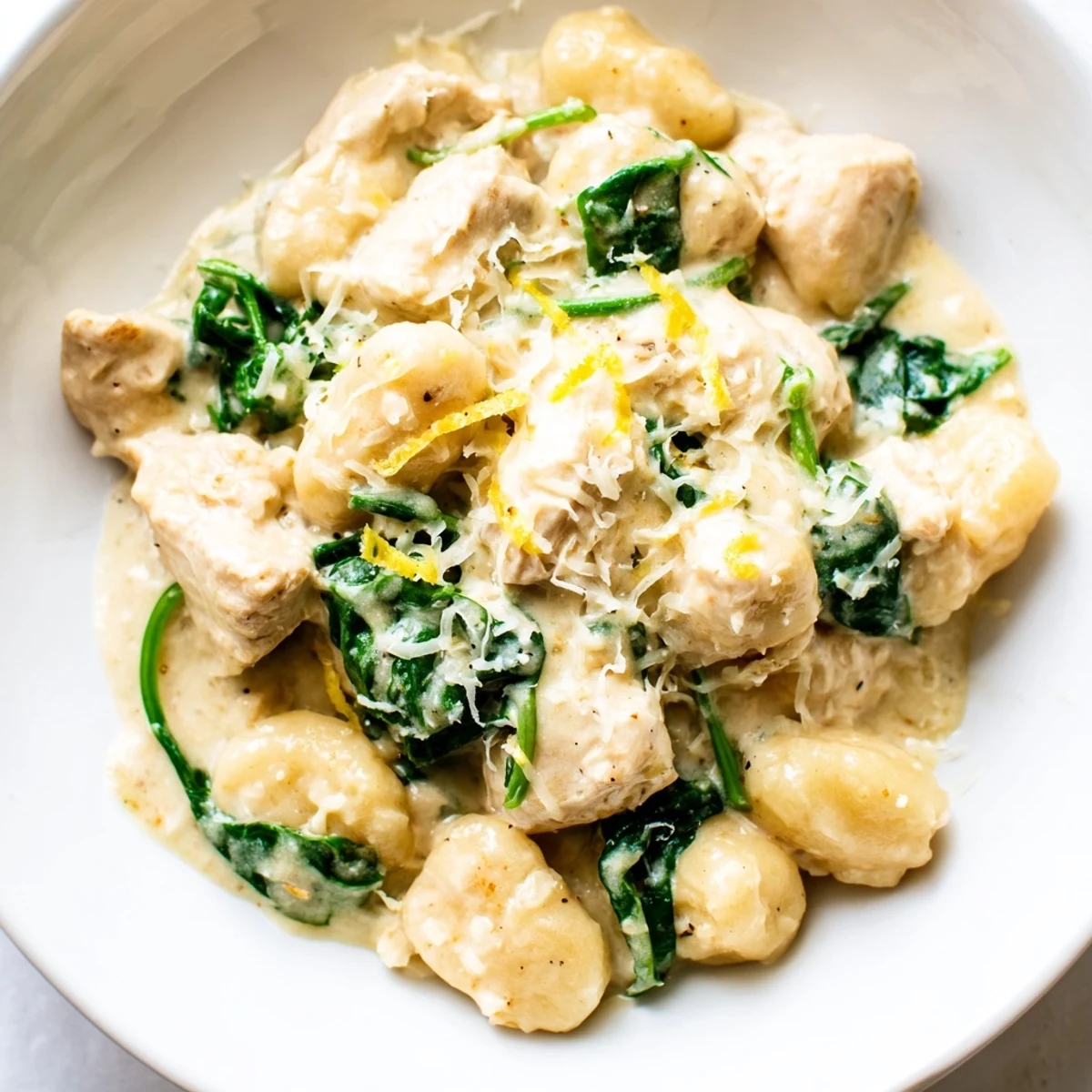 Sizzling skillet of lemon chicken gnocchi featuring tender pasta and chicken in a velvety white sauce