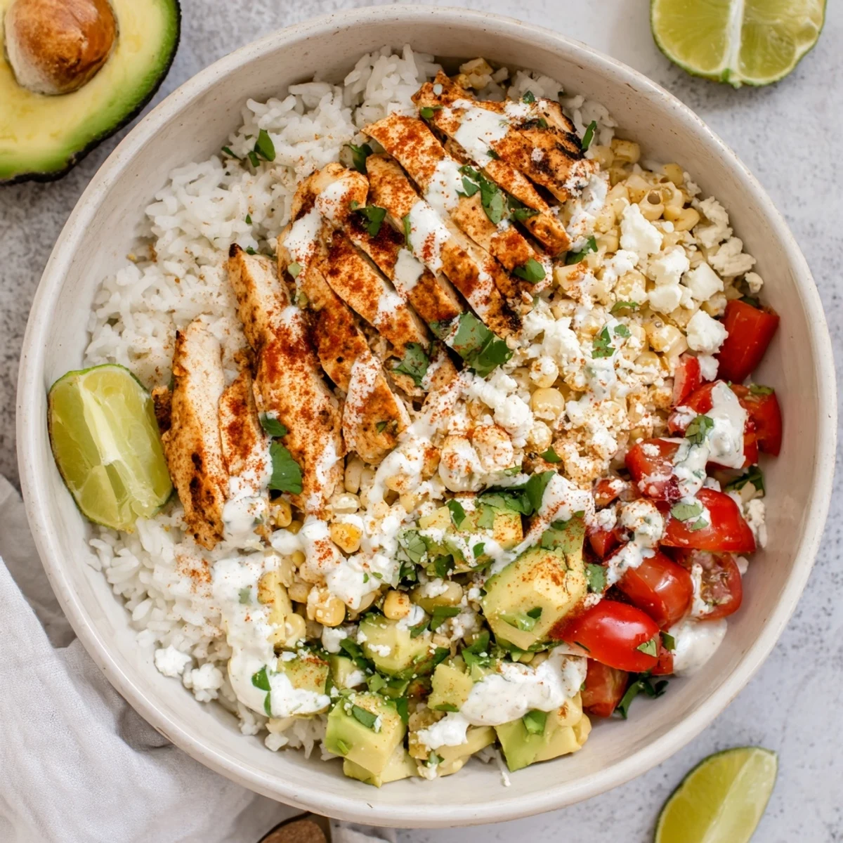 Vibrant street corn chicken and rice bowls topped with creamy corn, avocado, and crumbled cotija cheese