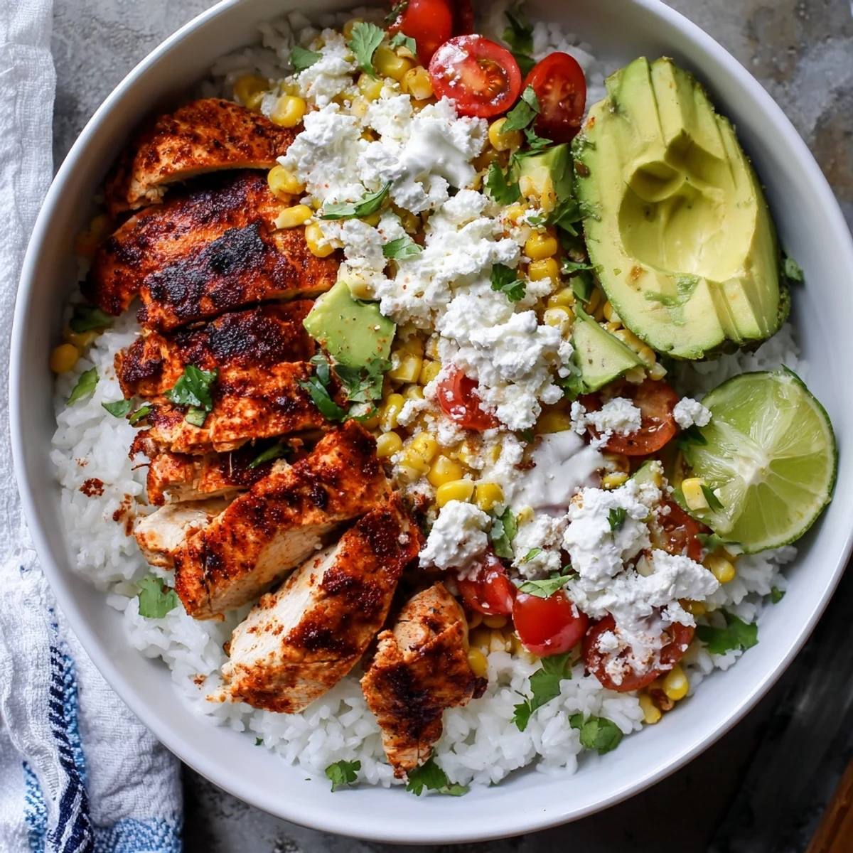 Juicy spiced chicken served over fluffy rice with charred street corn and fresh cilantro garnish