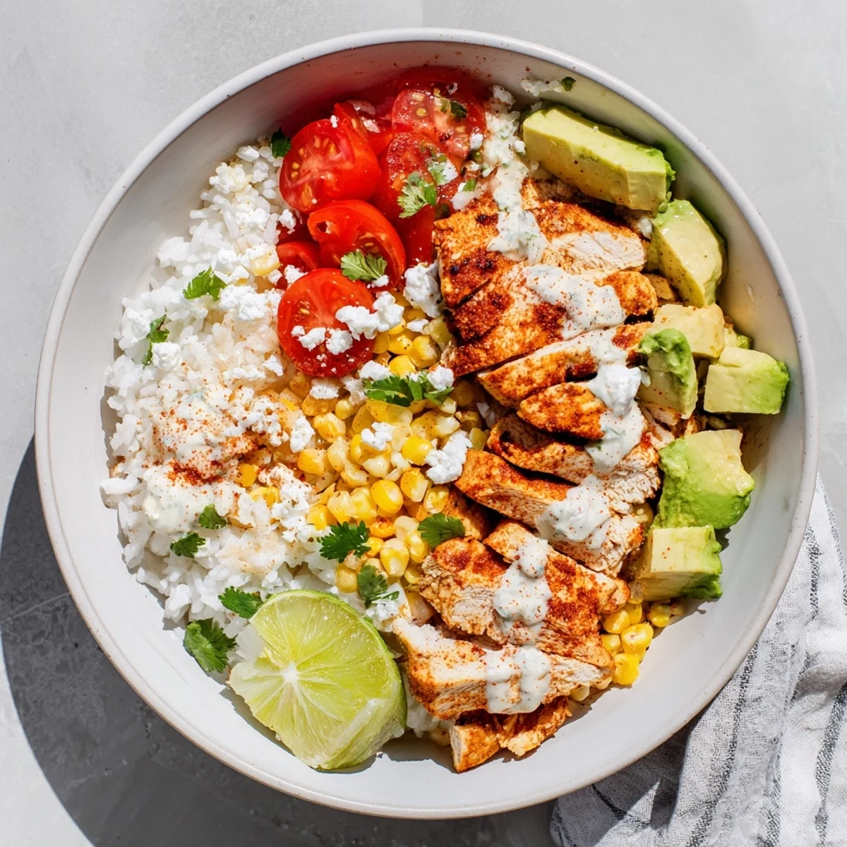 Flavorful Mexican-inspired street corn chicken and rice bowls with diced avocado and lime wedges