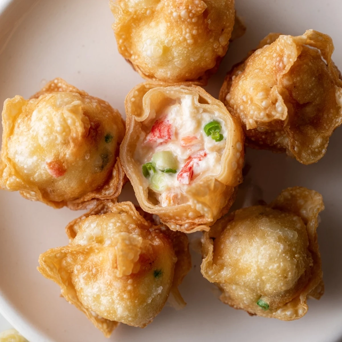 Crispy fried Crab Rangoon Bombs filled with creamy crab cheese mixture and garnished with chives