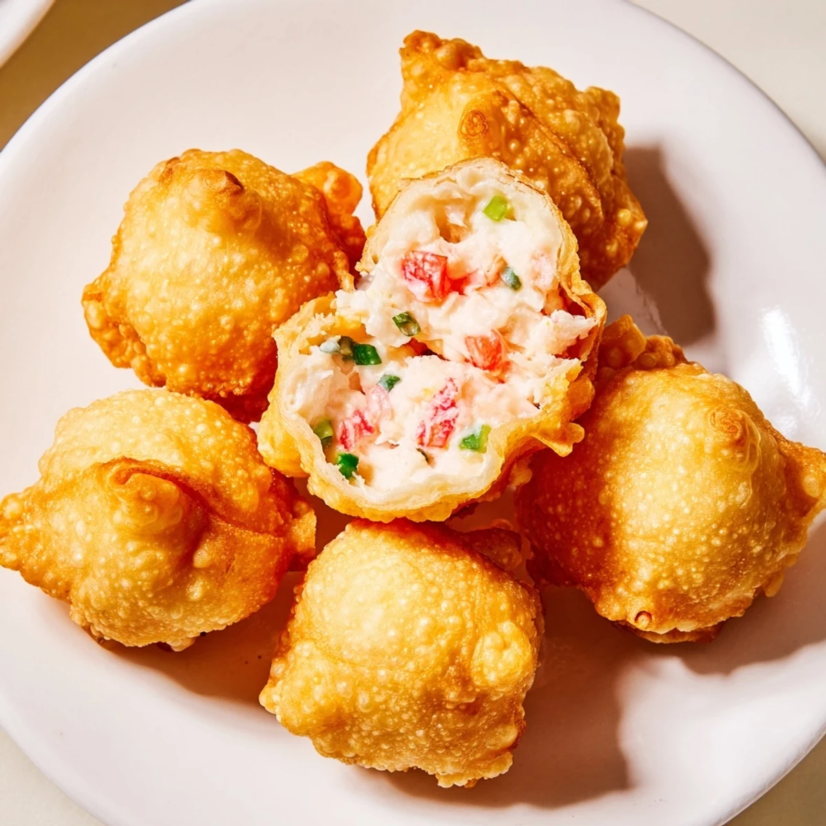 Golden brown Crab Rangoon Bombs served on white plate with sweet chili dipping sauce