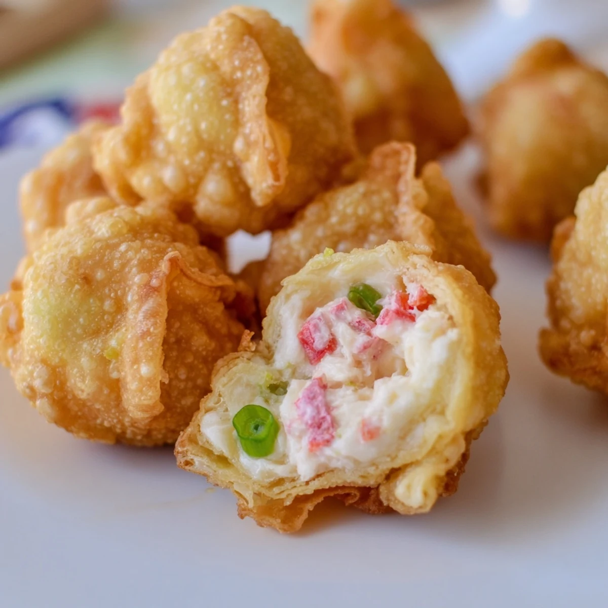 Basket of deep golden Crab Rangoon Bombs alongside small bowl of red sweet chili sauce