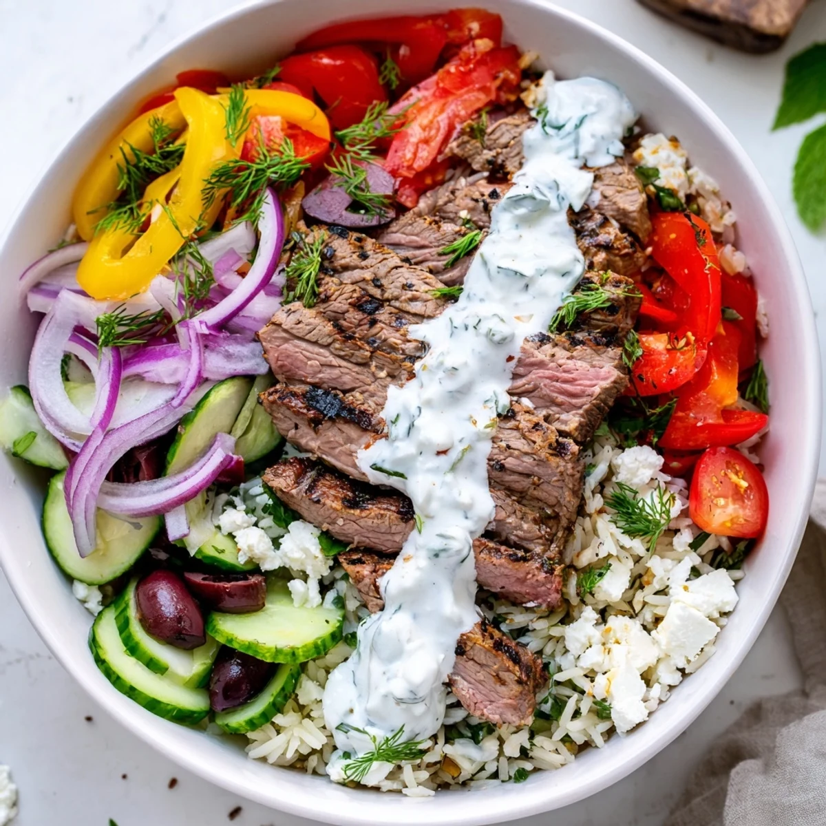 Mediterranean steak bowl featuring juicy grilled flank steak with colorful fresh vegetables and herbed rice