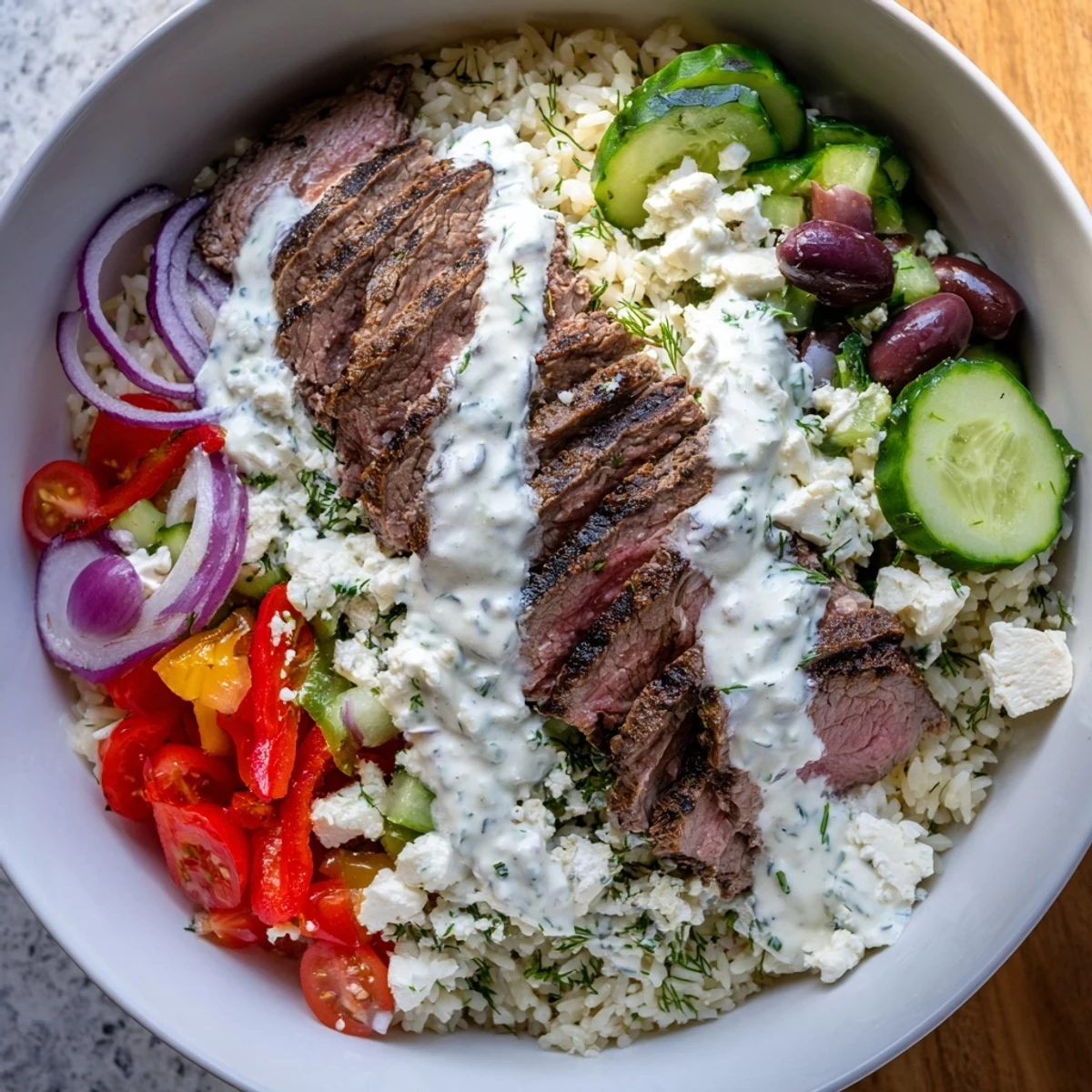 Protein-packed Mediterranean steak bowl arranged with marinated grilled steak and zesty yogurt sauce drizzle