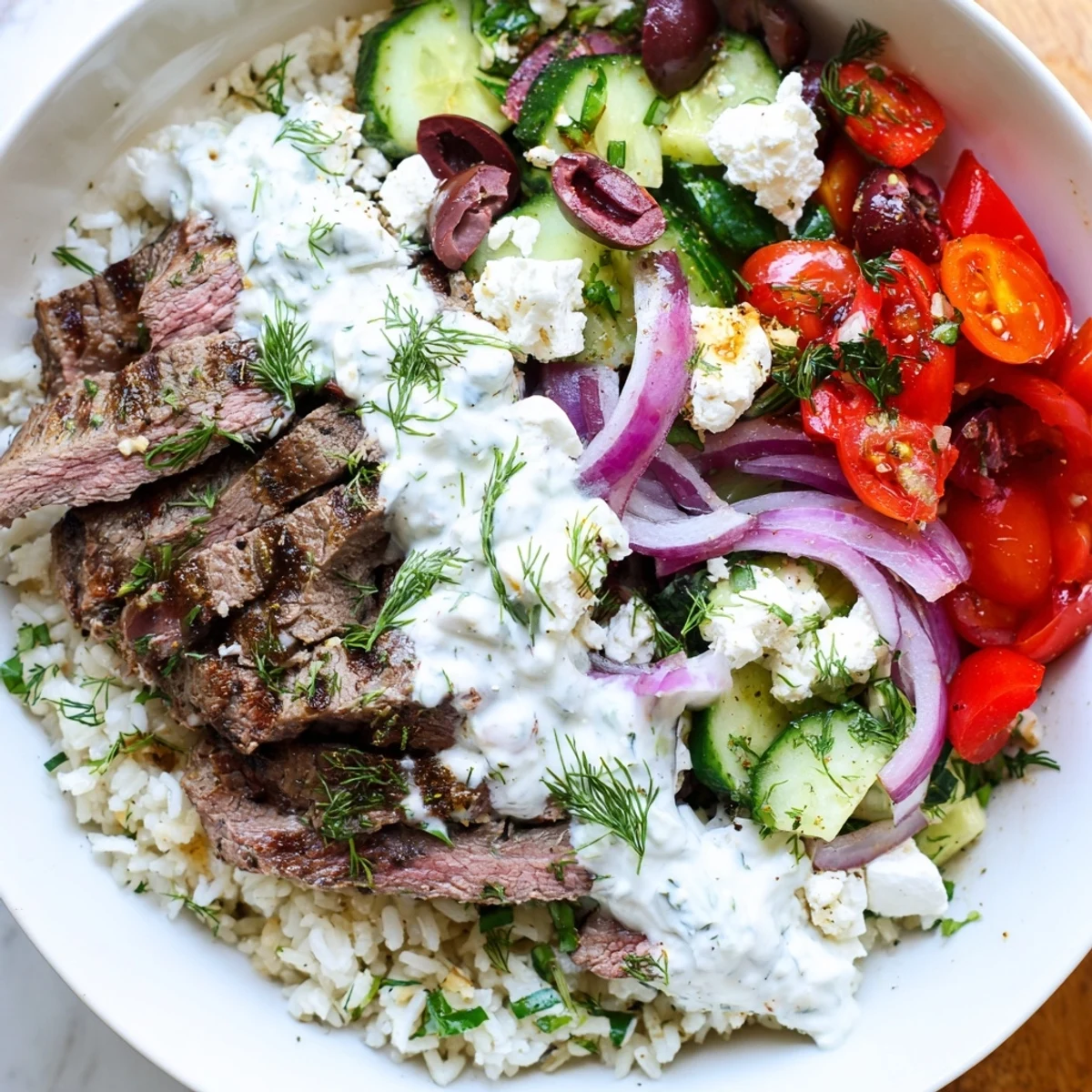 Colorful Mediterranean steak bowl topped with sliced steak, feta cheese, olives, and crisp cucumber