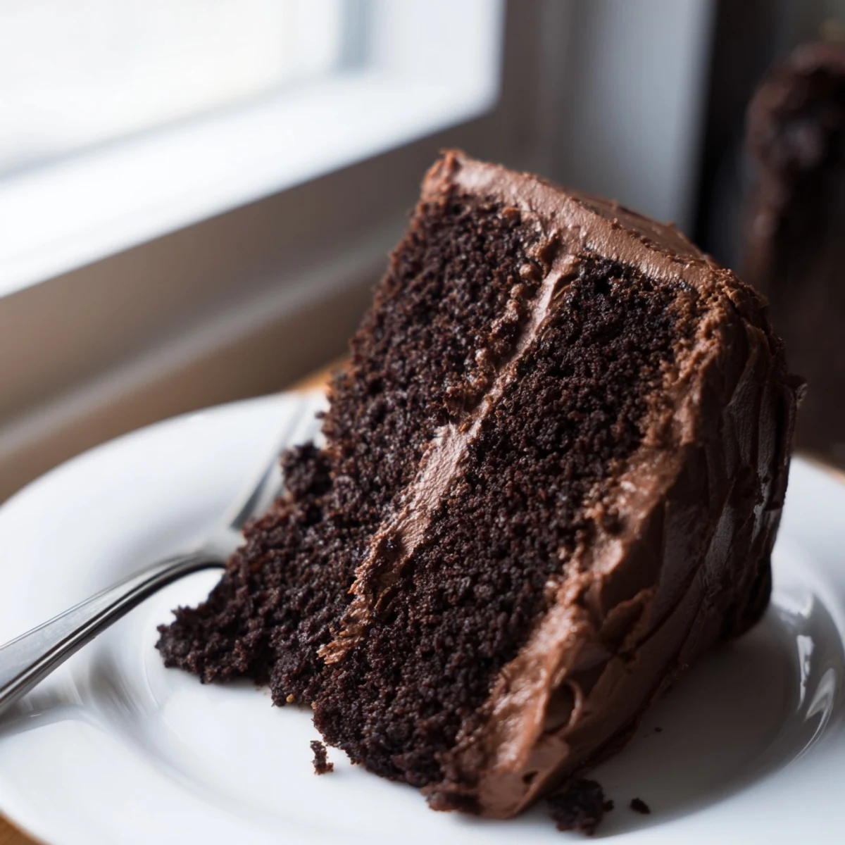 Decadent chocolate cake with smooth buttercream frosting topped on a white serving plate