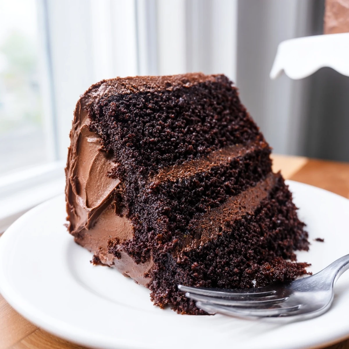 Slice of layered chocolate cake showing moist crumb and thick creamy frosting swirls