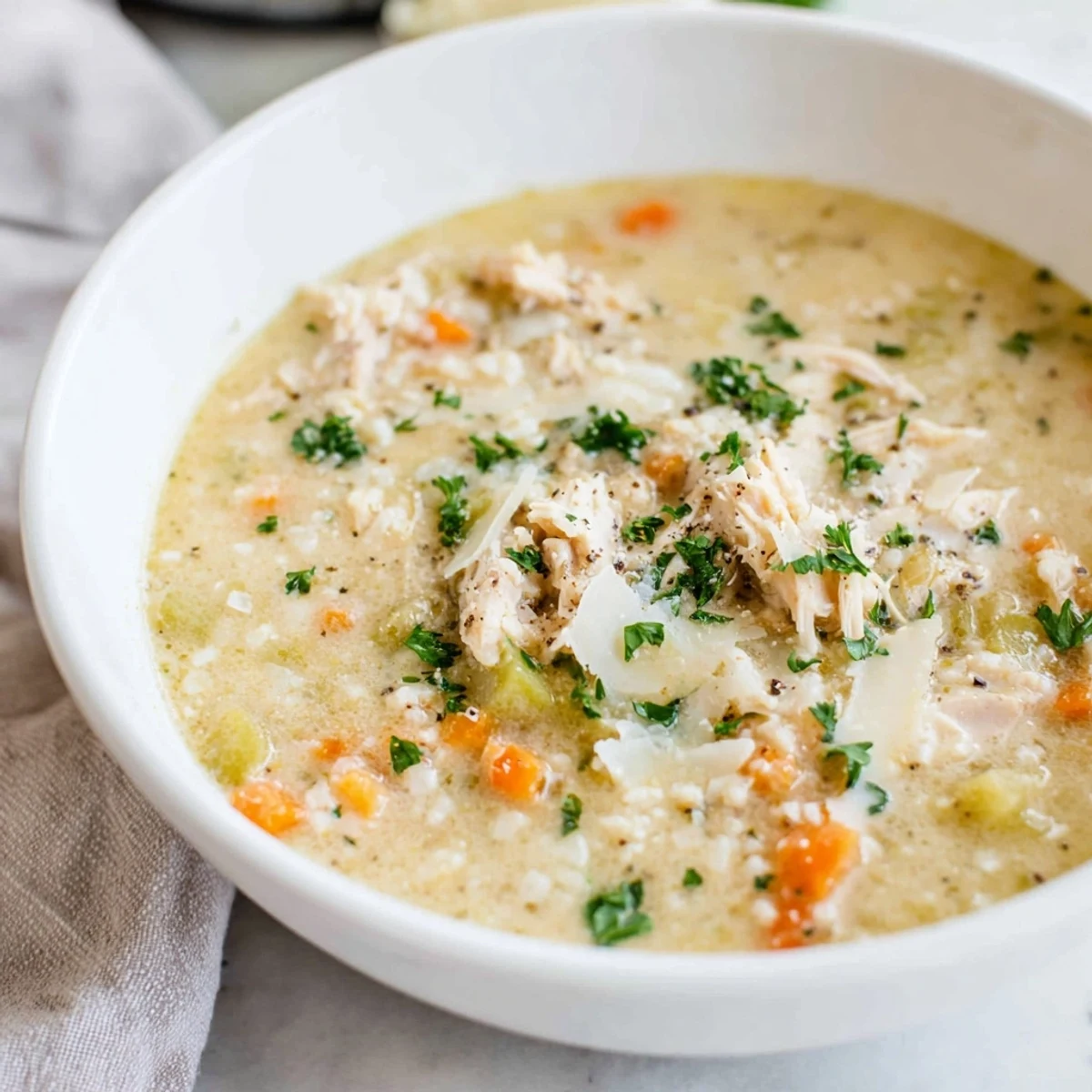 Creamy garlic parmesan chicken soup served in a white bowl with fresh parsley garnish