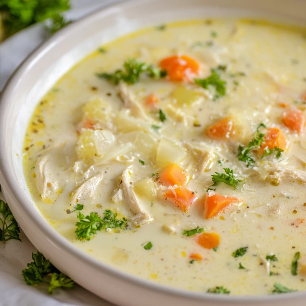 Homemade garlic parmesan chicken soup featuring tender chunks of chicken in a rich, creamy broth