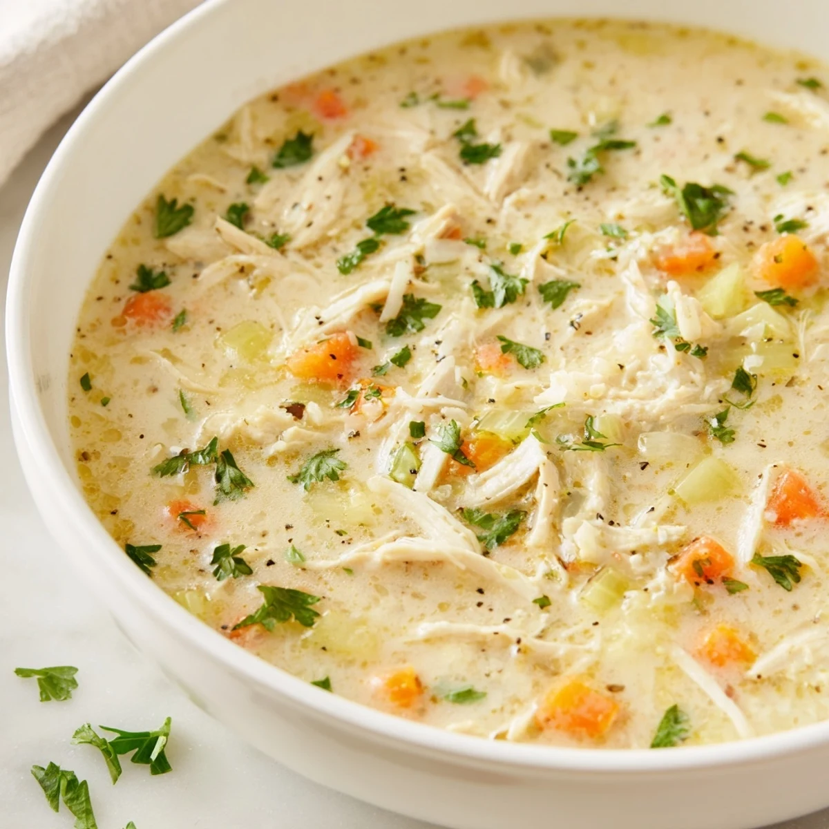 Steaming bowl of garlic parmesan chicken soup with shredded chicken and grated parmesan topping