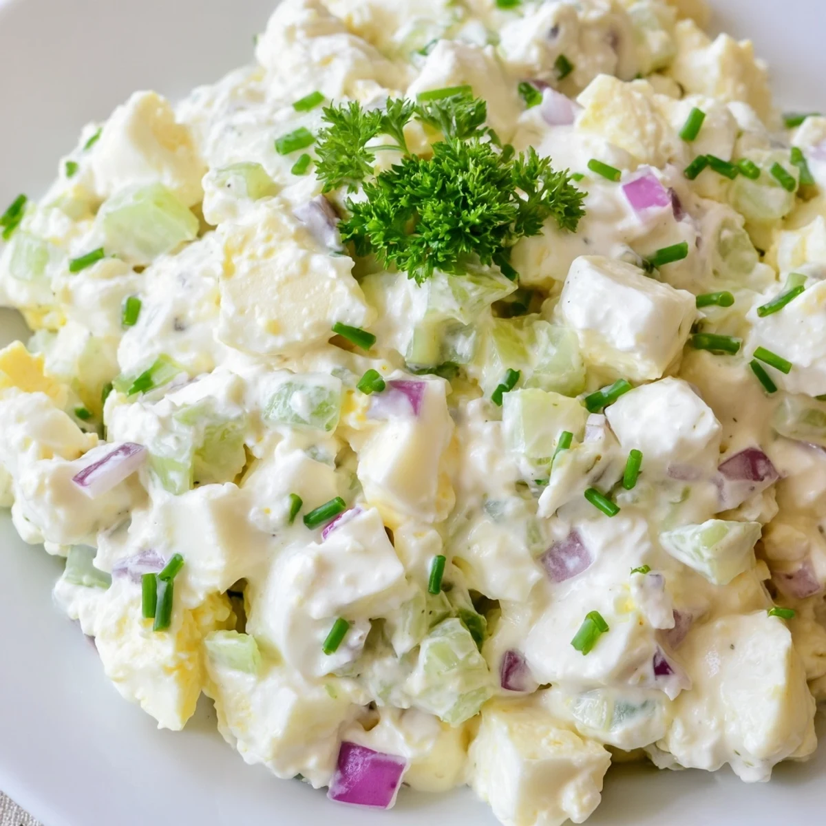 Protein-rich cottage cheese egg salad in a white bowl topped with smoked paprika and parsley