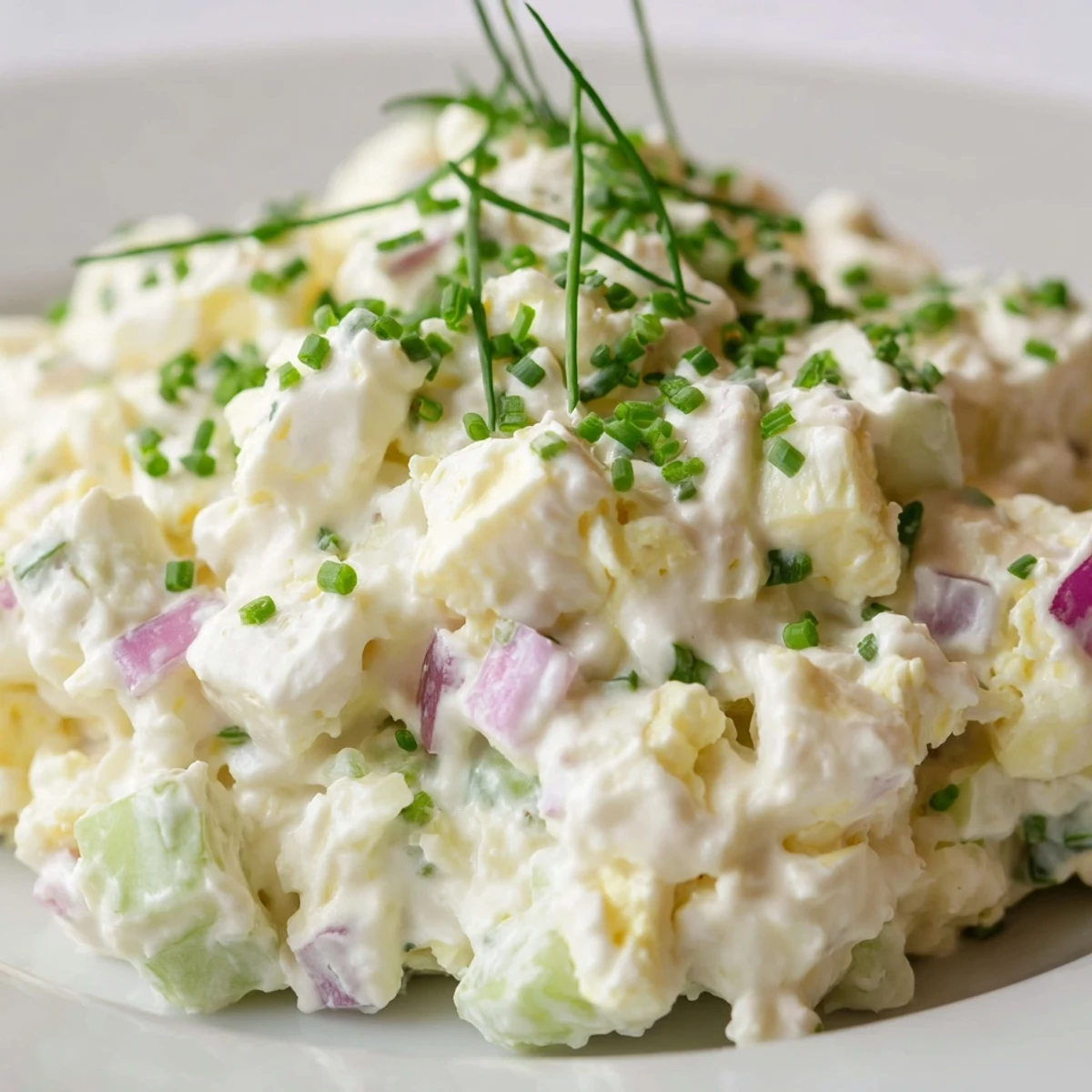 Wholesome cottage cheese egg salad plated on lettuce leaves with diced red onion and black pepper