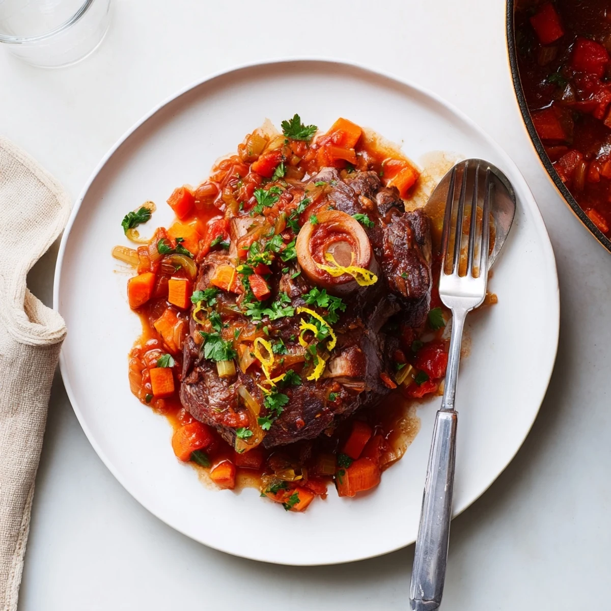 Tender veal shanks braised slowly in rich tomato wine sauce with vegetables