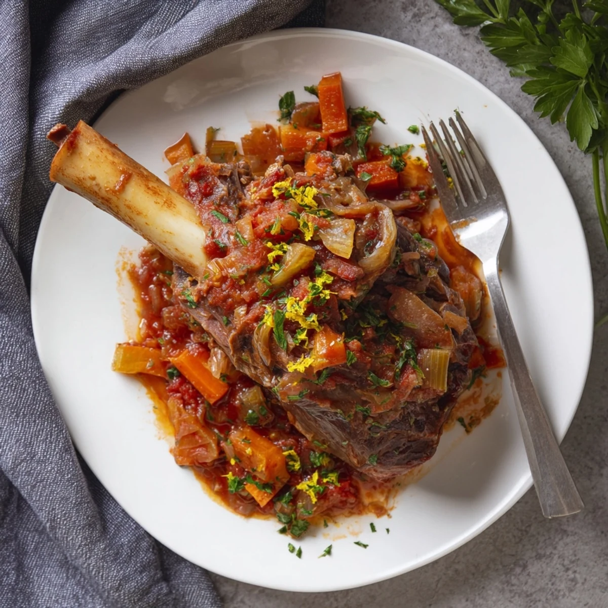 Golden brown Osso Buco served over creamy risotto with fresh gremolata garnish