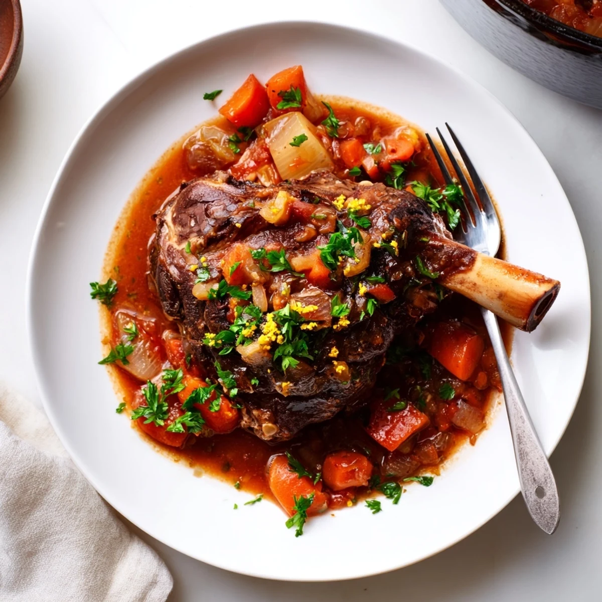 Fork-tender Italian braised veal shanks nestled in aromatic sauce with thyme and bay leaves