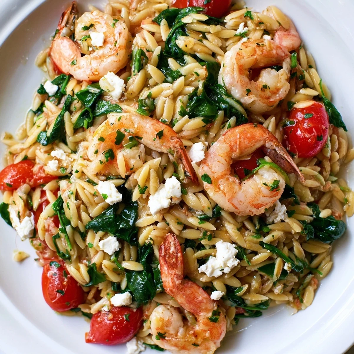 Golden lemon feta orzo with plump pink shrimp in a white serving bowl