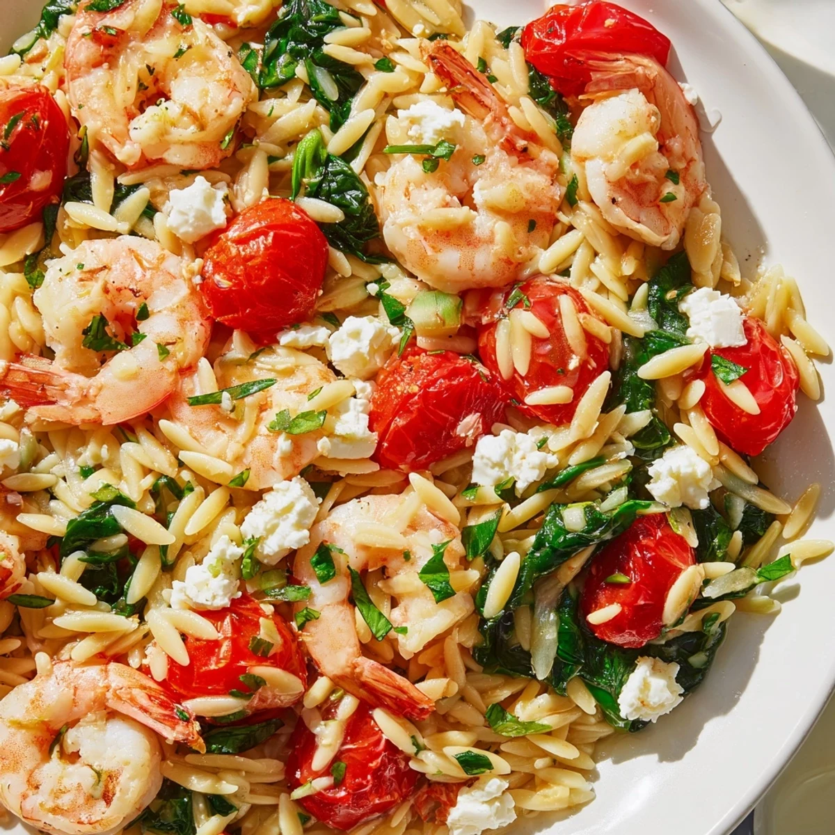 Creamy orzo pasta tossed with tender shrimp, bright lemon zest, and crumbled feta cheese