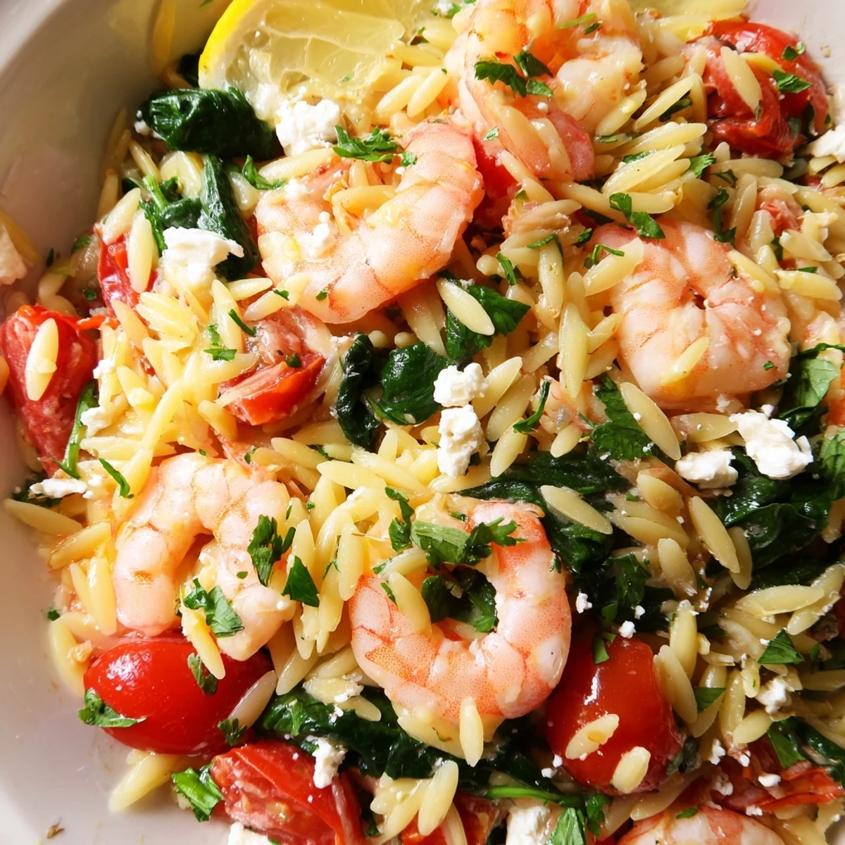 Mediterranean shrimp and orzo dish featuring spinach, cherry tomatoes, and tangy feta crumbles