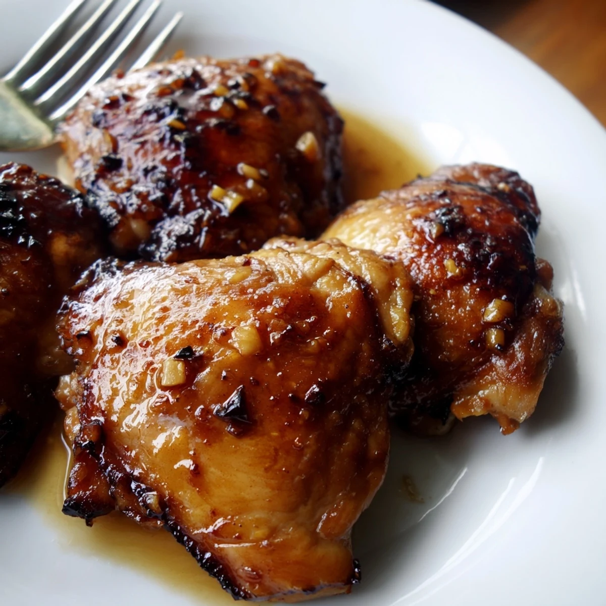 Succulent marinated chicken pieces arranged on a white platter drizzled with dark pan juices