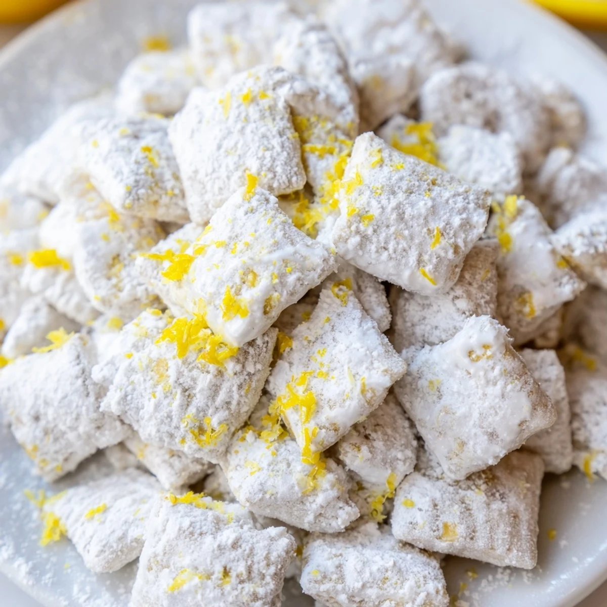 Golden lemonade puppy chow snack coated in white chocolate and powdered sugar sprinkled with fresh lemon zest on a white serving platter
