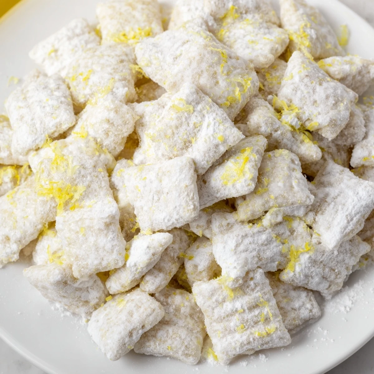 Crispy rice cereal pieces covered in melted white chocolate lemonade mixture and dusted with sweet powdered sugar for a summer treat