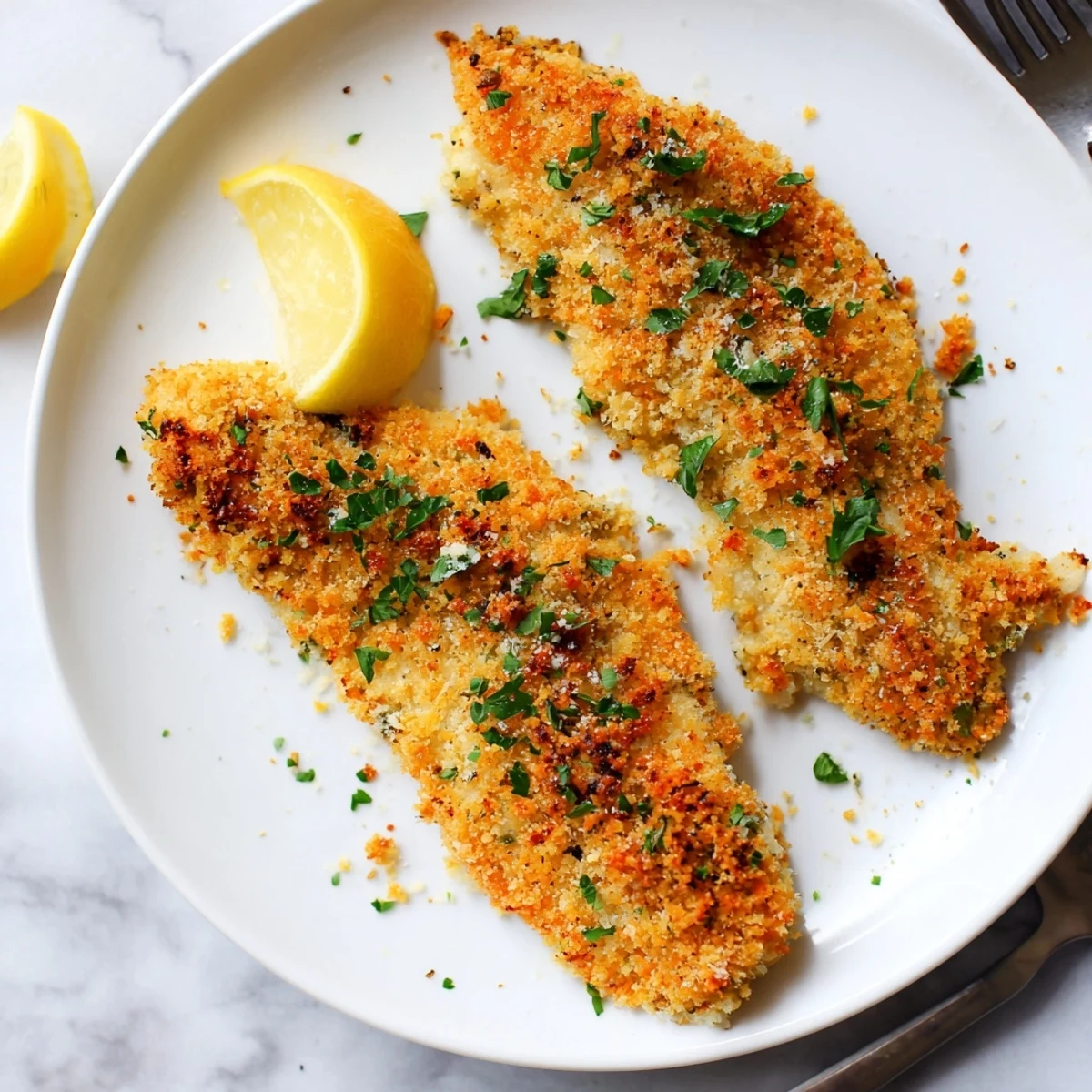 Golden crispy tilapia fillets air fried to perfection with seasoned panko breadcrumb coating