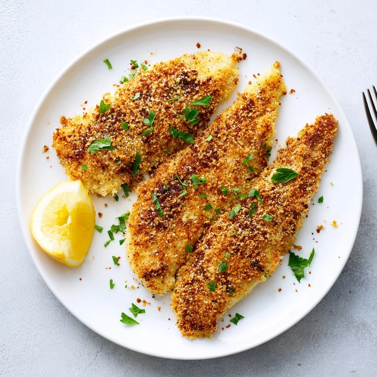 Breaded tilapia fillets with crispy parmesan panko topping cooked in air fryer basket
