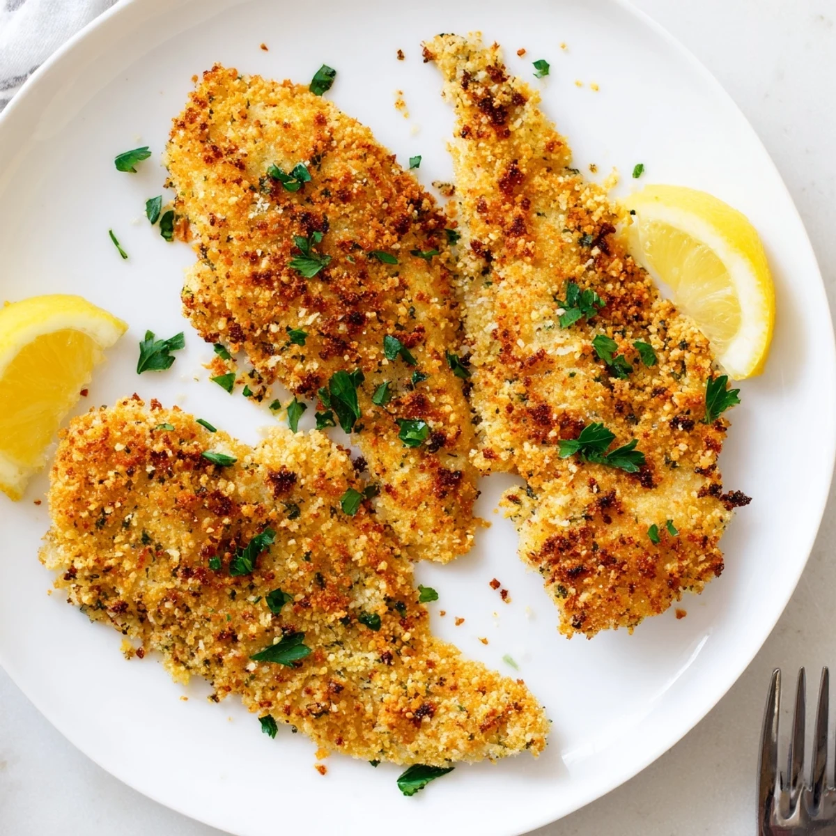 Plate of air fryer tilapia with golden crust garnished with fresh parsley and lemon