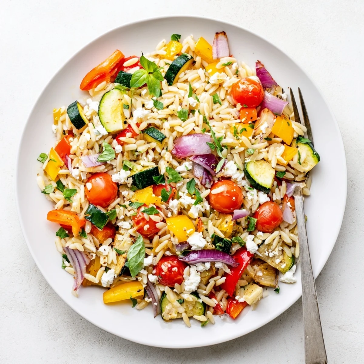 Golden roasted vegetable orzo topped with crumbled feta and fresh green herbs