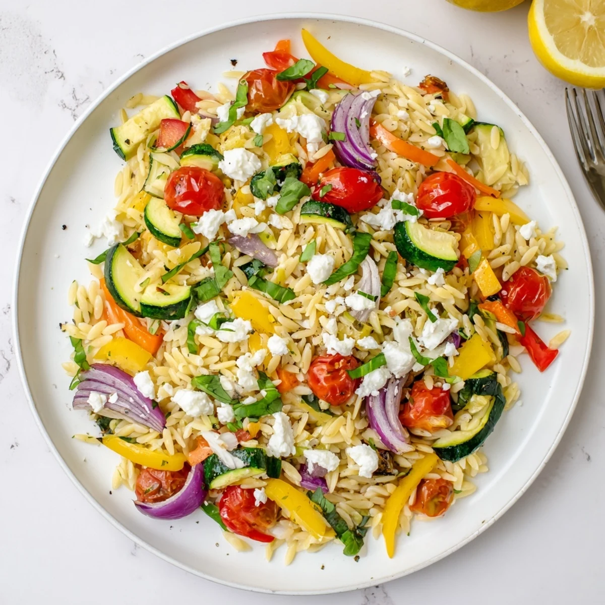 Mediterranean orzo pasta tossed with tender zucchini peppers and cherry tomatoes