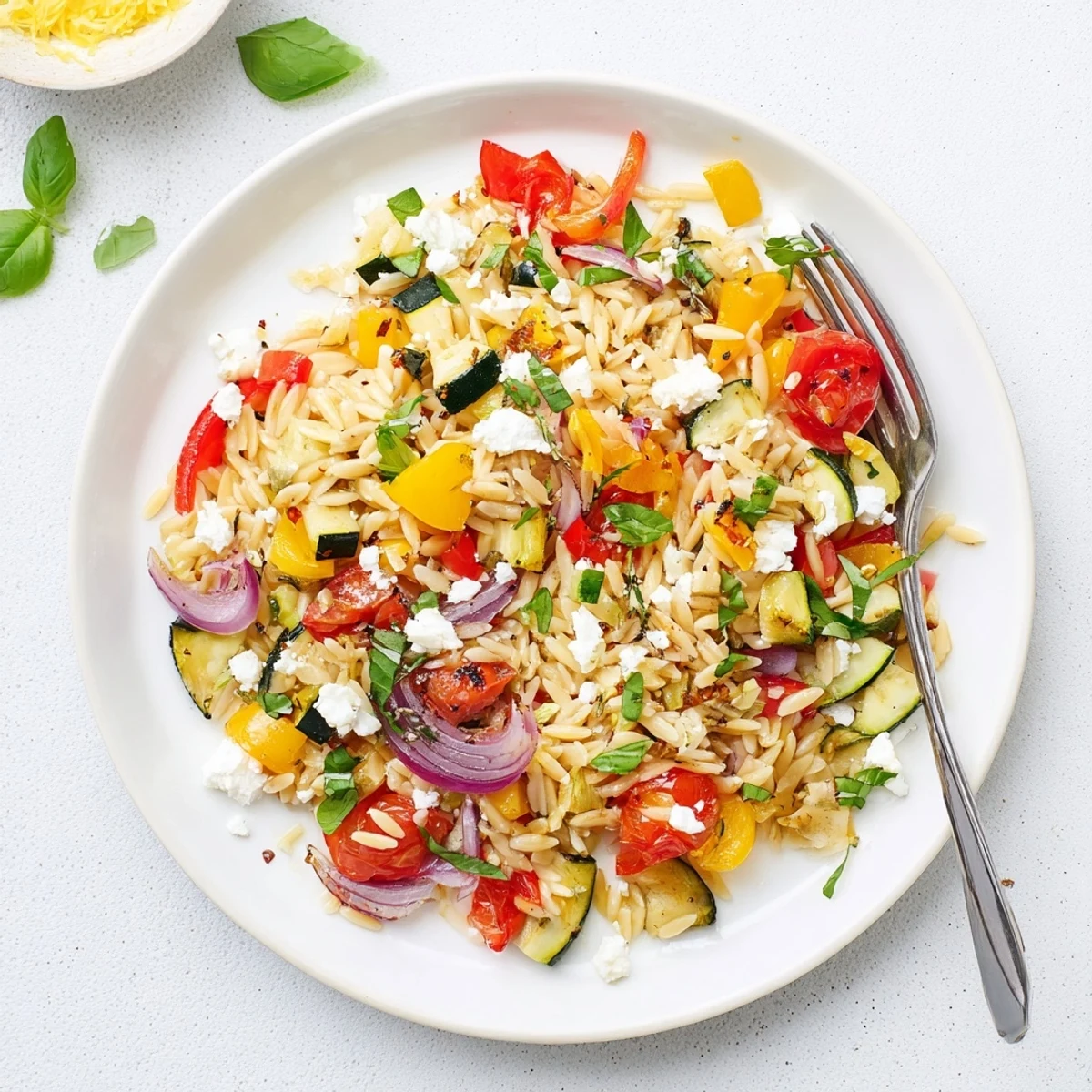 Vibrant roasted vegetable orzo salad with lemon zest basil and parsley garnish
