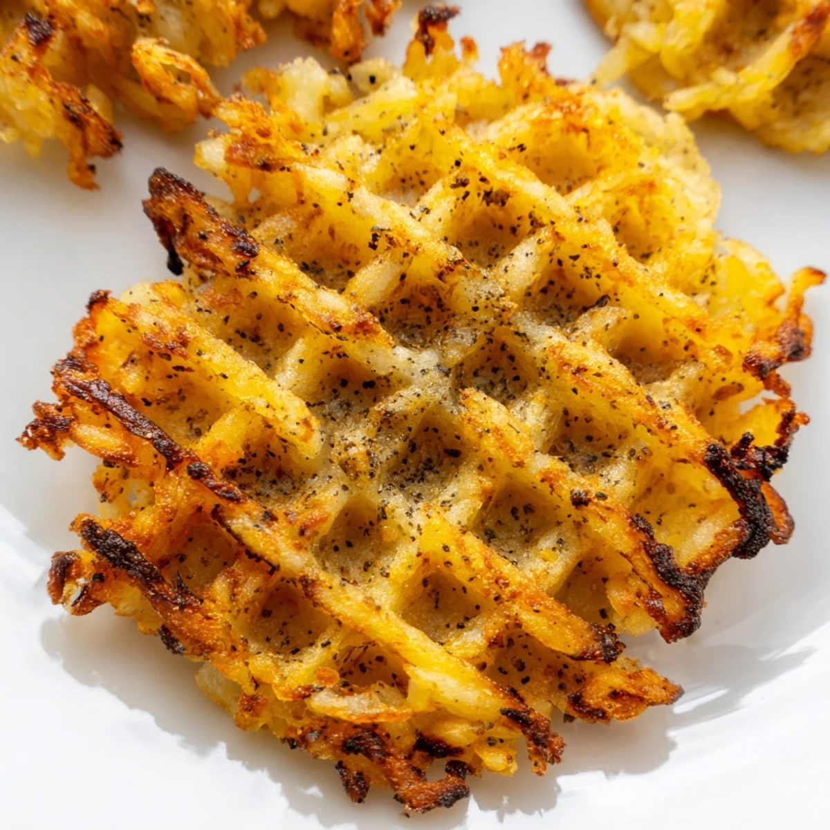 Golden waffle iron hashbrowns with crispy edges and fluffy interior, perfect for breakfast or brunch