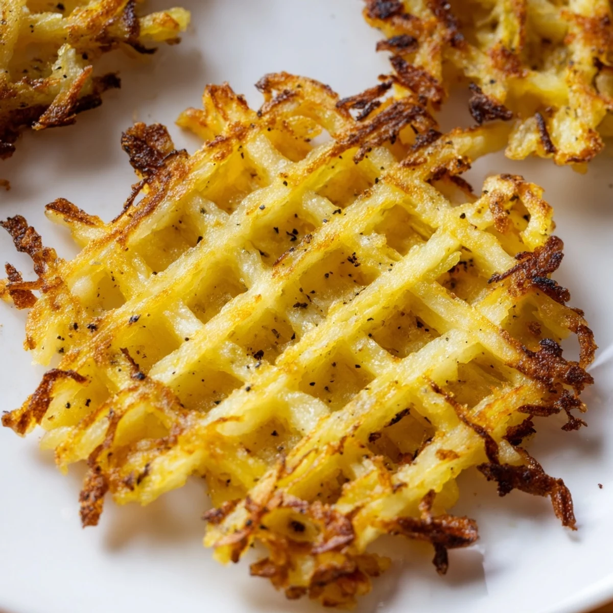 Crispy hashbrowns cooked in waffle iron until golden brown, served with sour cream and fresh chives