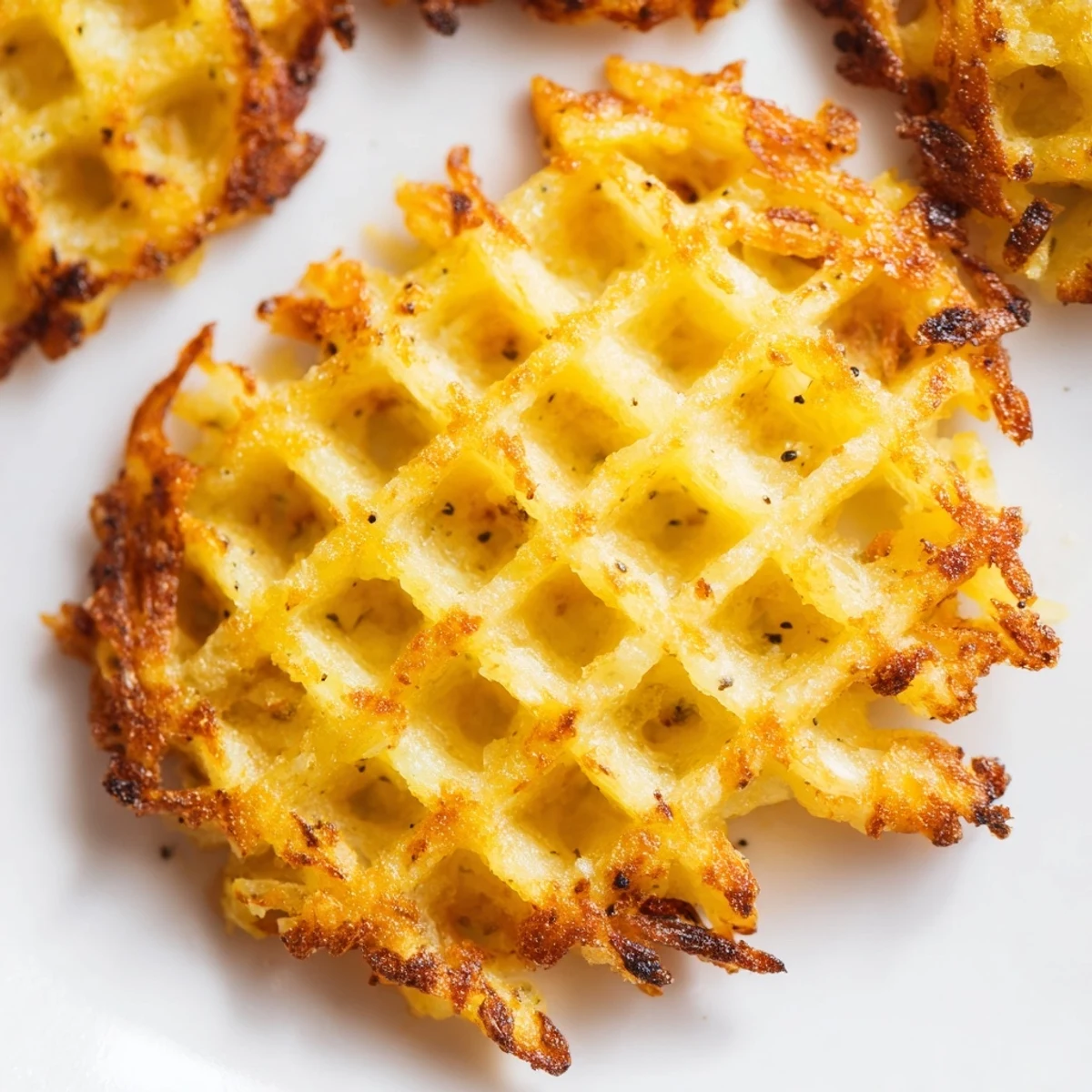 Extra-crispy waffle iron hashbrowns featuring deep golden color and delightful waffle texture for easy brunch
