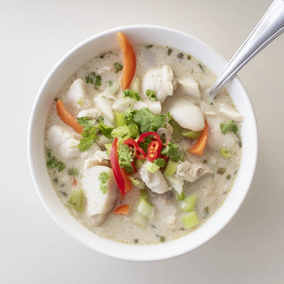 Golden bowl of creamy coconut lime fish soup garnished with fresh cilantro and green onions