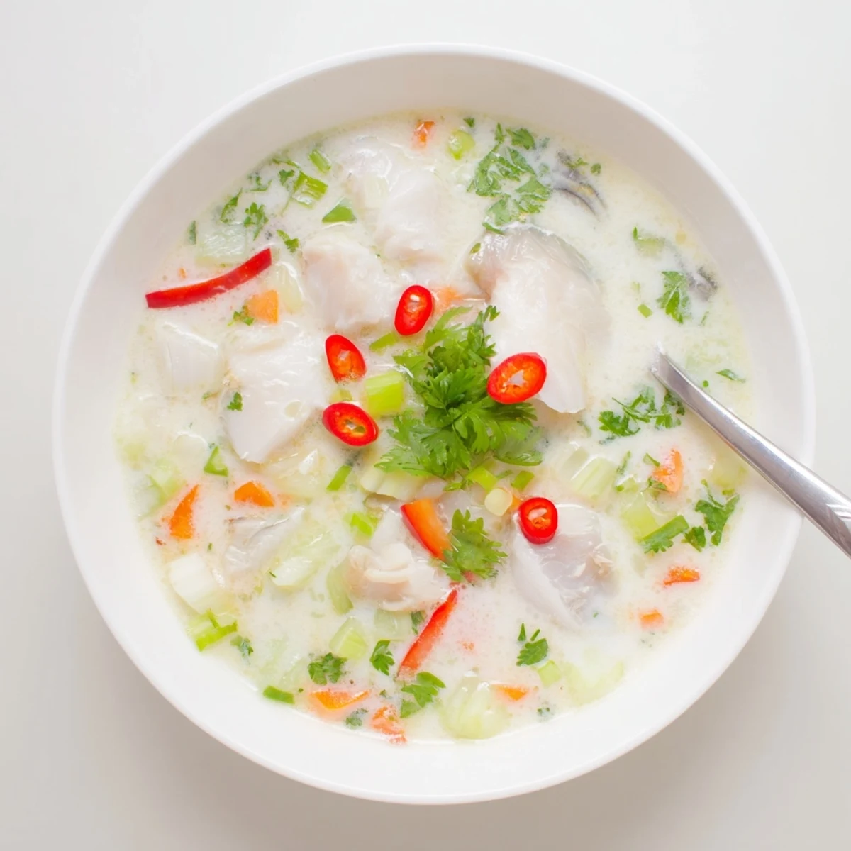 White fish pieces simmered in silky coconut milk broth with vibrant vegetables and lime zest