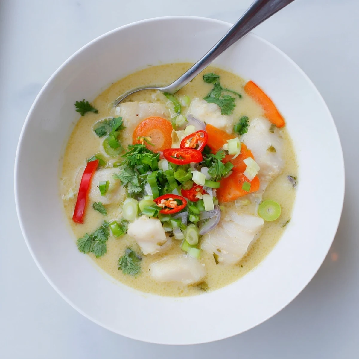 Steamy Southeast Asian-style fish soup featuring tender cod chunks in aromatic coconut lime broth