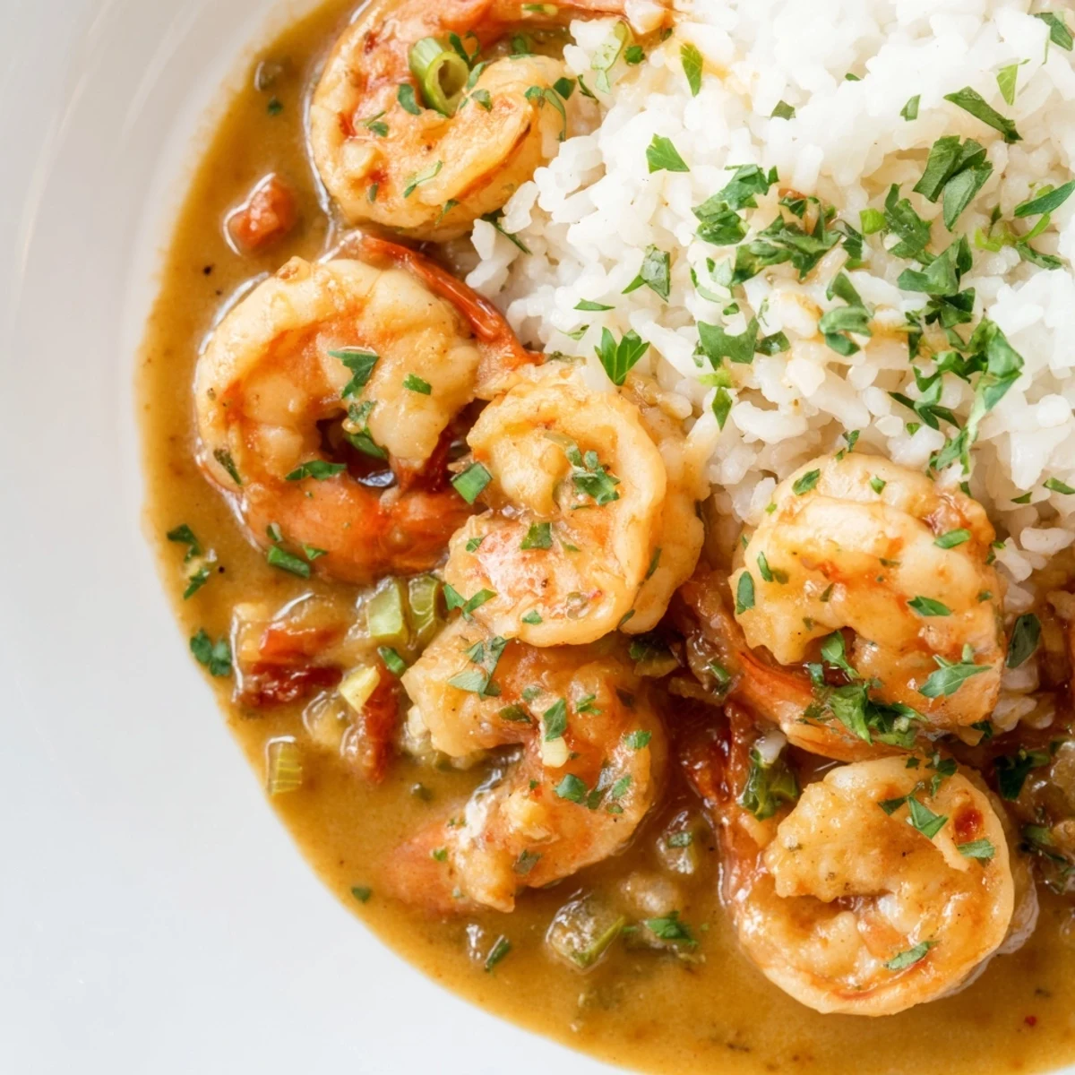 Golden shrimp étouffée served over fluffy white rice with fresh green onion garnish