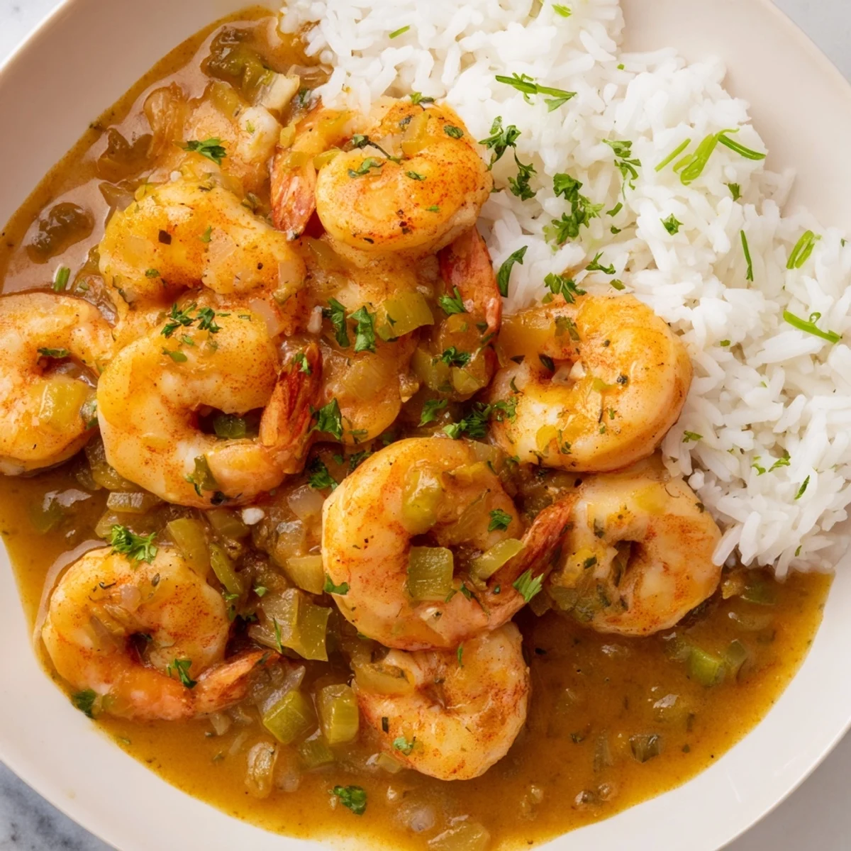 Rich and spicy Louisiana shrimp étouffee in a dark roux sauce over steaming rice