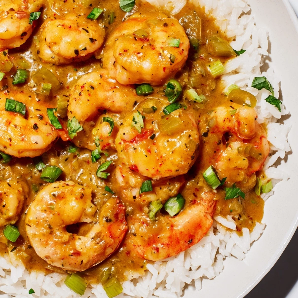 Creamy Creole shrimp étouffée topped with parsley and served beside lemon wedges