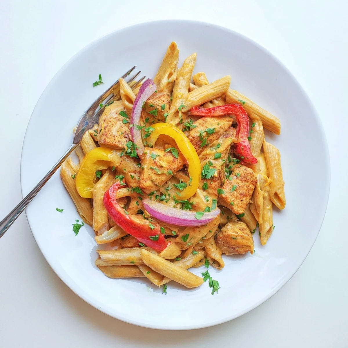 Creamy Cajun chicken pasta served in a white bowl featuring tender sliced chicken breast, colorful bell peppers, and rich spicy sauce generously garnished with fresh chopped parsley.